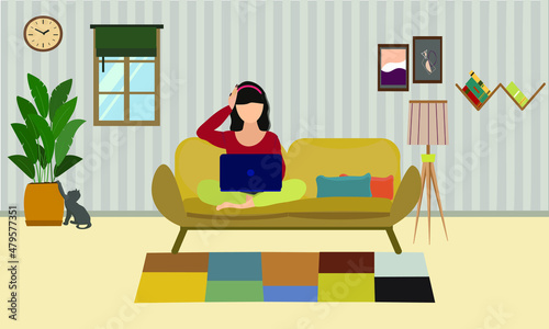 a girl is working at home. the cat lover woman working home office. Busy woman is sitting and thinking on the sofa. 