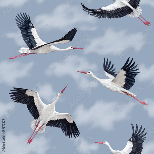 Hand painted seamless pattern with storks flying on sky background. Pattern for fabric, baby clothes, wallpapers, home textile, wrapping paper and other decoration