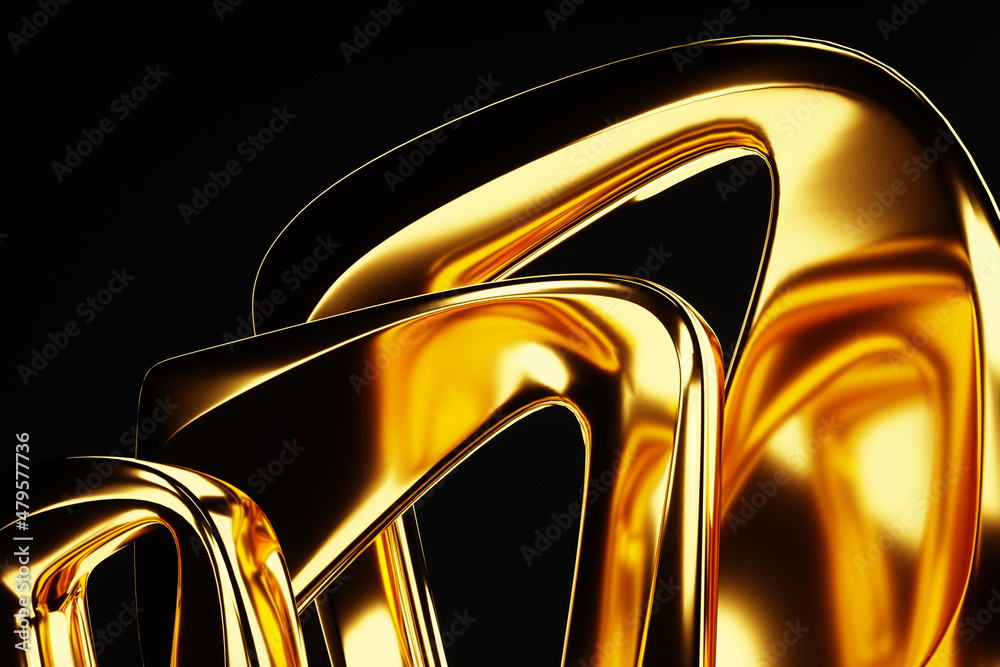 Dark gold background, abstract figure, luxurious golden shapes, on a black background. Gold waves, metal lines, elegant background, Geometric design. 3D render, 3D illustration.