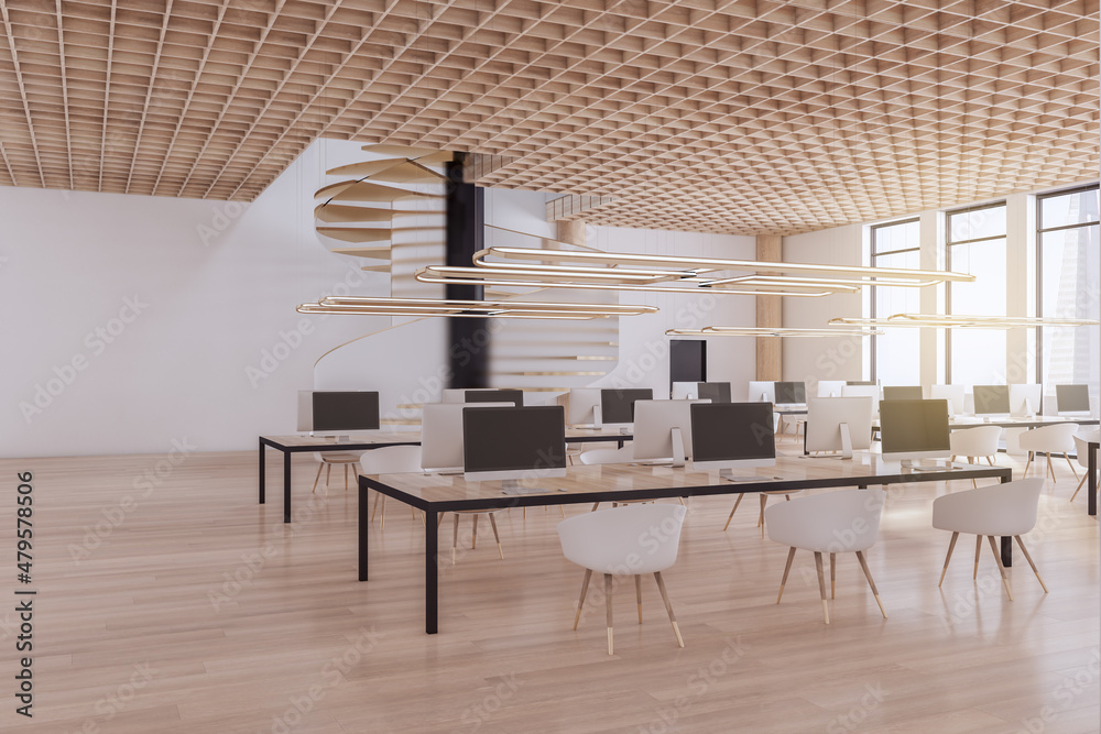 Modern wooden coworking office interior with window and city, furniture and spiral stairscase. 3D Rendering.