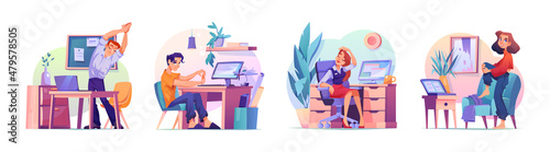 People at home or in office stretching and relaxing during break isolated flat cartoon characters at workplace. Vector workers doing exercises to reduce stress and tiredness, standing and sitting © Sensvector