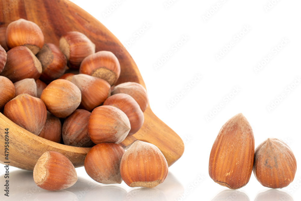 Several organic hazelnuts with a wooden cup, close-up, isolated on white. Several organic hazelnuts with a wooden cup, close-up, isolated on white.