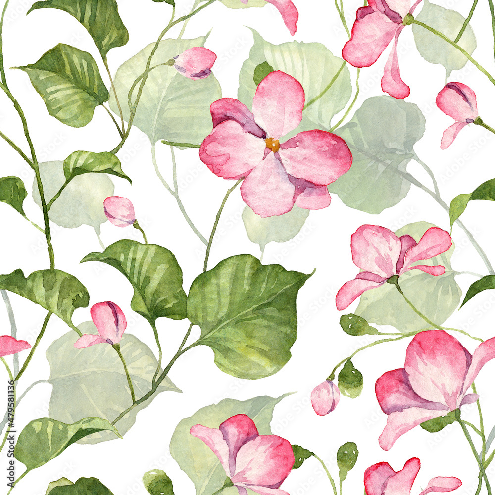 Square seamless pattern with soft watercolor flowers and green leaves. Hand painted wallpapers. Botanical illustration Square seamless pattern with soft watercolor flowers and green leaves. Hand painted wallpapers. Botanical illustration