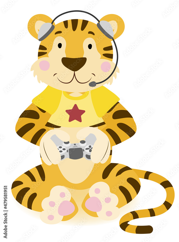 The tiger is playing a console, a joystick in his paws, gaming headphones. Symbol 2022 The tiger is playing a console, a joystick in his paws, gaming headphones. Symbol 2022