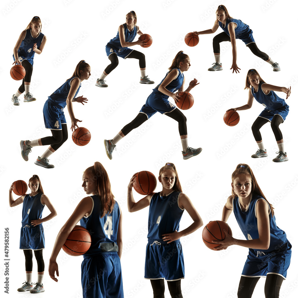Obraz Set of professional female basketball player in blue sports uniform with ball in motion, action isolated on white studio background. fototapeta, plakat