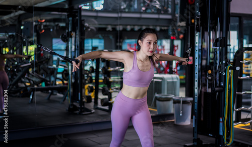 Sport fitness athlete woman with sportwear training weightless equipment at gym for bodybuilding healthy lifestyle concept. 