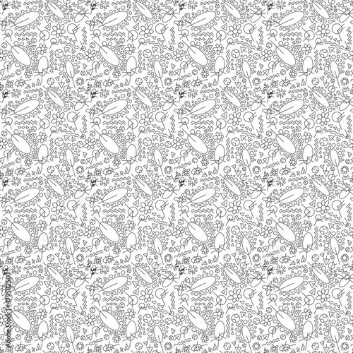 Seamless pattern with circles, triangles, lines, ovals, flowers, trees. Black and white colors. Geometric background. Illustration. Design for textile fabrics, wrapping paper, wallpaper, cover.