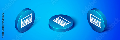 Isometric Calculator icon isolated on blue background. Accounting symbol. Business calculations mathematics education and finance. Blue circle button. Vector