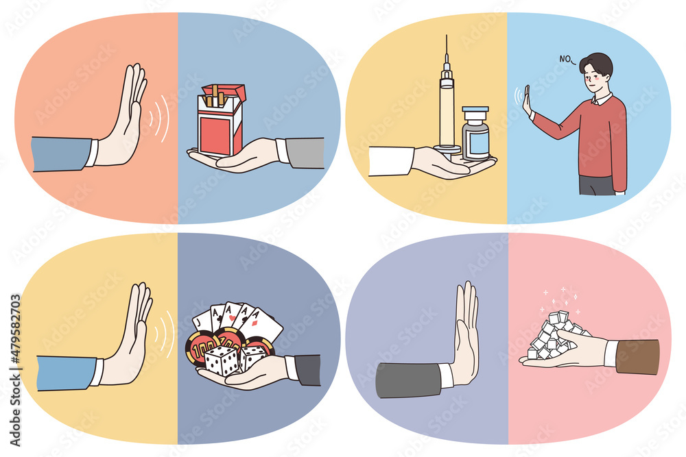 Saying no to bad habits and addictions concept. Human hand showing rejecting refusing no sign to cigarettes drugs gambling casino and white sugar vector illustration 