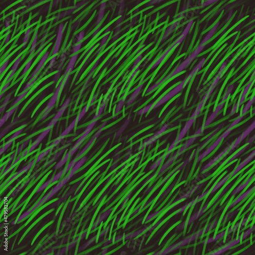 Seamless abstract digital texture pattern. Neon green, bright purple, black. Illustration. Brush strokes, lines texture. Design for textile fabrics, wrapping paper, background, wallpaper, cover.