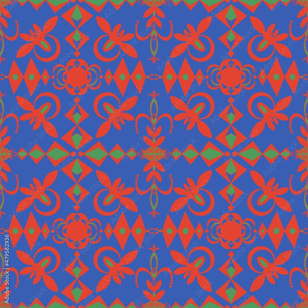 Obraz premium Seamless floral pattern in ethnic style. Geometric texture. Red, green, blue colors. Illustration. Square damask ornament. Design for textiles, wrapping paper, background, wallpaper, cover.
