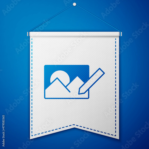 Blue Photo retouching icon isolated on blue background. Photographer, photography, retouch icon. White pennant template. Vector