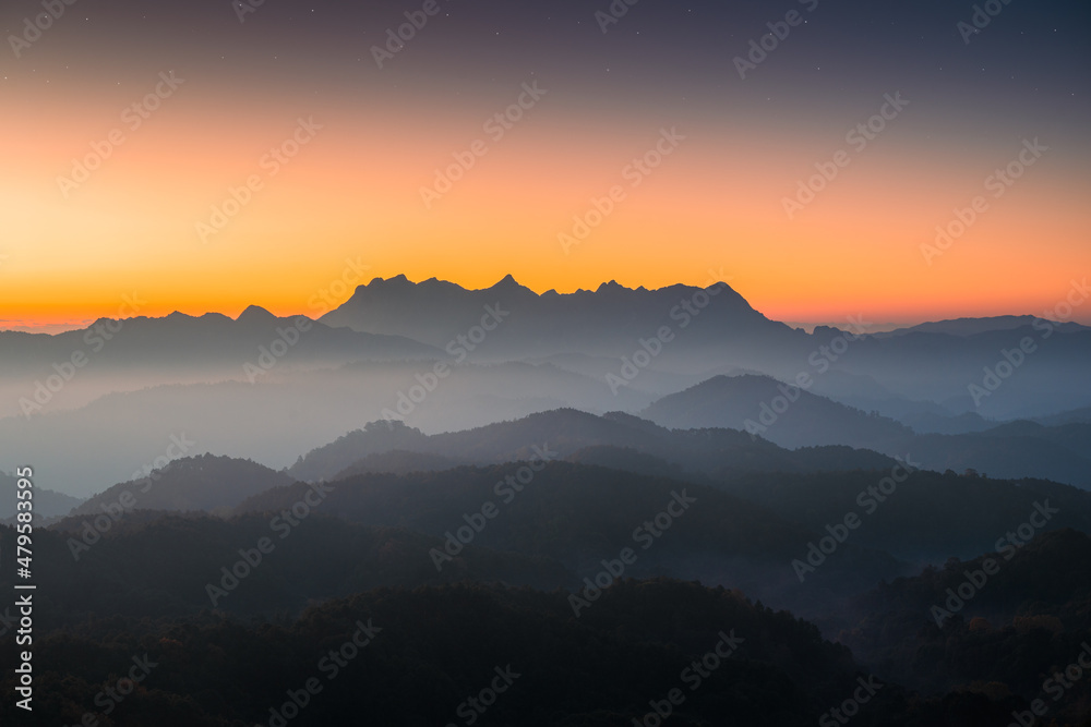 Sunrise over Doi Luang Chiang Dao mountain and foggy on hill in national park from Doi Kham Fah viewpoint