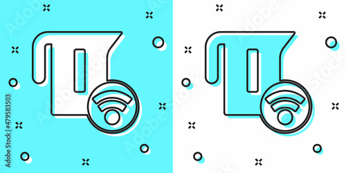 Black line Smart electric kettle system icon isolated on green and white background. Teapot icon. Internet of things concept with wireless connection. Random dynamic shapes. Vector