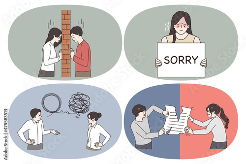 Relation and communication problems concept. Set of young couples having misunderstanding feeling lonely sorry trying to solve problem and cutting paper in rage vector illustration 