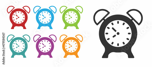 Black Alarm clock icon isolated on white background. Wake up, get up concept. Time sign. Set icons colorful. Vector