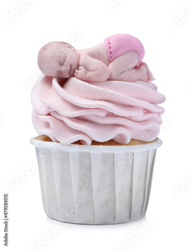 Beautifully decorated baby shower cupcake for girl with pink cream and topper on white background