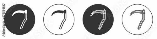 Black Scythe icon isolated on white background. Happy Halloween party. Circle button. Vector