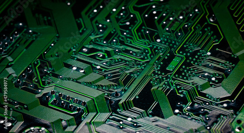 Macro Close up of printed wiring on PC circuit board.. photo