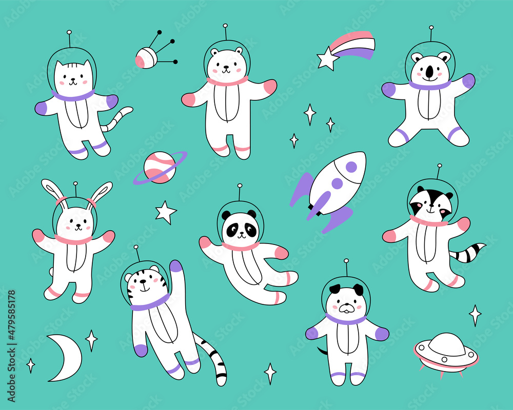 Vector set of cute funny animals astronauts in space suits with stars, planet, satellite, rocket, spaceship. Hand drawn vector illustration. Flat design.