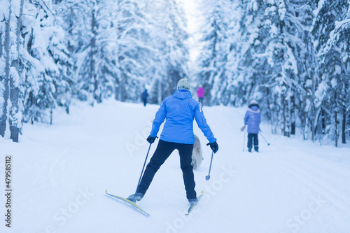 Cross country ski. Skier rides in the woods on skis.