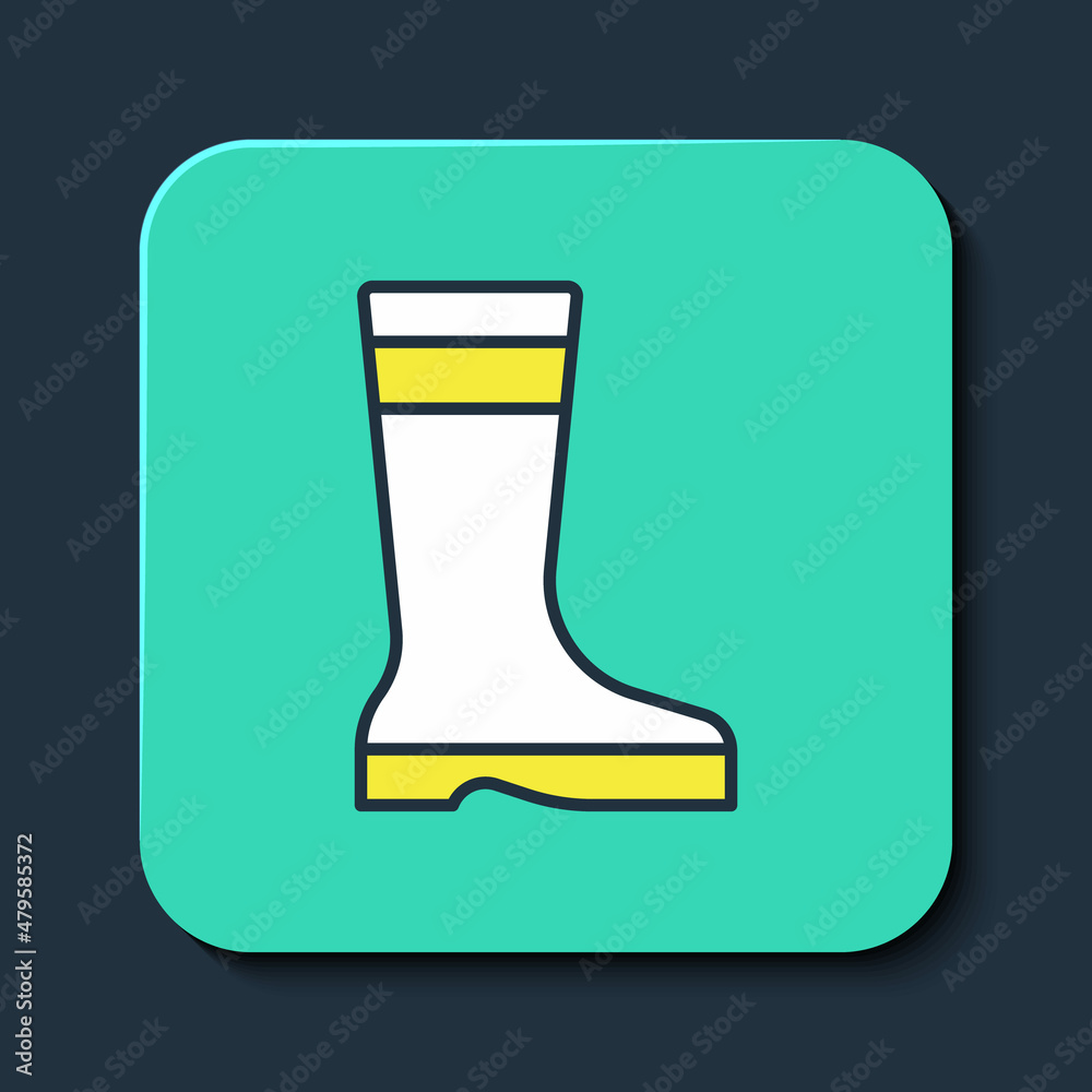 Filled outline Fishing boots icon isolated on blue background. Waterproof rubber boot. Gumboots for rainy weather, fishing, hunter, gardening. Turquoise square button. Vector Filled outline Fishing boots icon isolated on blue background. Waterproof rubber boot. Gumboots for rainy weather, fishing, hunter, gardening. Turquoise square button. Vector