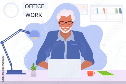 Vector poster with a man and a laptop. Office worker. Flat design