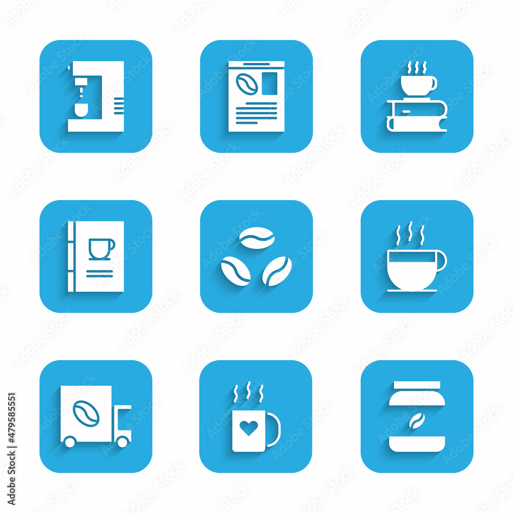 Set Coffee beans, cup and heart, jar bottle, street truck machine, book, and icon. Vector Set Coffee beans, cup and heart, jar bottle, street truck machine, book, and icon. Vector