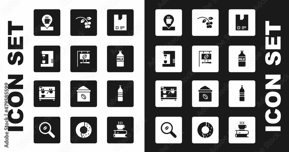 Set Bag of coffee beans, Street signboard, Coffee machine, Location with cup, Bottle milk, bean, branch, water and icon. Vector Set Bag of coffee beans, Street signboard, Coffee machine, Location with cup, Bottle milk, bean, branch, water and icon. Vector