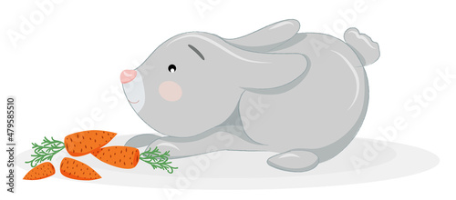 Funny cartoon gray bunny rejoices at the carrot.
