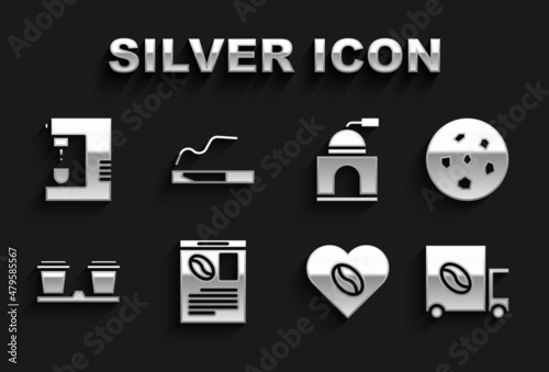 Set Newspaper and coffee, Cookie or biscuit, Coffee street truck machine, Lovers, cup to go, Manual grinder, and Cigarette icon. Vector