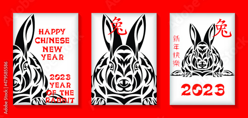 Set of vertical Chinese New Year vector backgrounds, banners, cards, posters. Oriental zodiac symbol of 2023. Hieroglyph means Rabbit, Happy New Year. Vector design elements