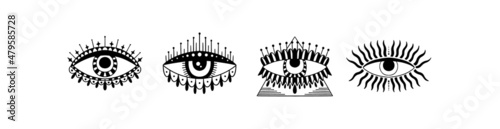 Evil Seeing eye symbol set. Occult mystic emblem, graphic design tattoo. Esoteric sign alchemy, decorative style, providence sight.