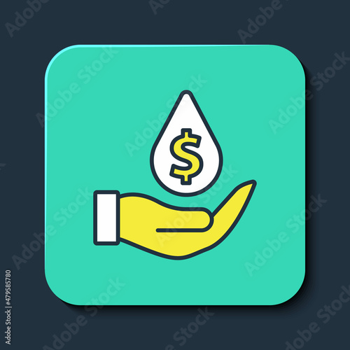 Filled outline Oil drop with dollar symbol icon isolated on blue background. Oil price. Oil and petroleum industry. Turquoise square button. Vector