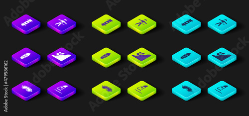 Set Ski goggles, Windsurfing, Surfboard, Landslide, Bungee jumping and Longboard or skateboard icon. Vector