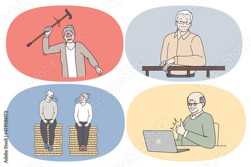 Emotions of elderly people pensioners concept. Set of mature people grandparents feeling furious waving with club smiling having misunderstanding in couple and learning laptop vector illustration