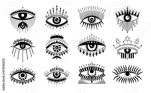 Evil Seeing eye symbol set. Occult mystic emblem, graphic design tattoo. Esoteric sign alchemy, decorative style, providence sight.