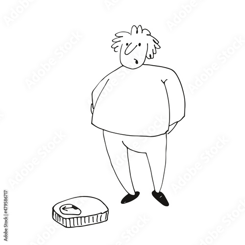 A fat man looks at the scales, a funny character, hand drawn vector illustration
