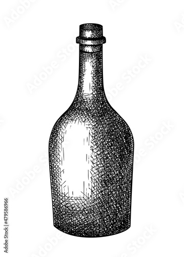 Hand-sketched whiskey bottle illustration. Vector sketch of alcoholic drink in a glassware. Alcohol beverage bottle hand-drawing isolated on white