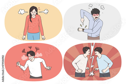 Anger rage and furious emotions concept. Set of men and women feeling furious and aggressive pointing at watch showing fists and having scandal with friend vector illustration  photo