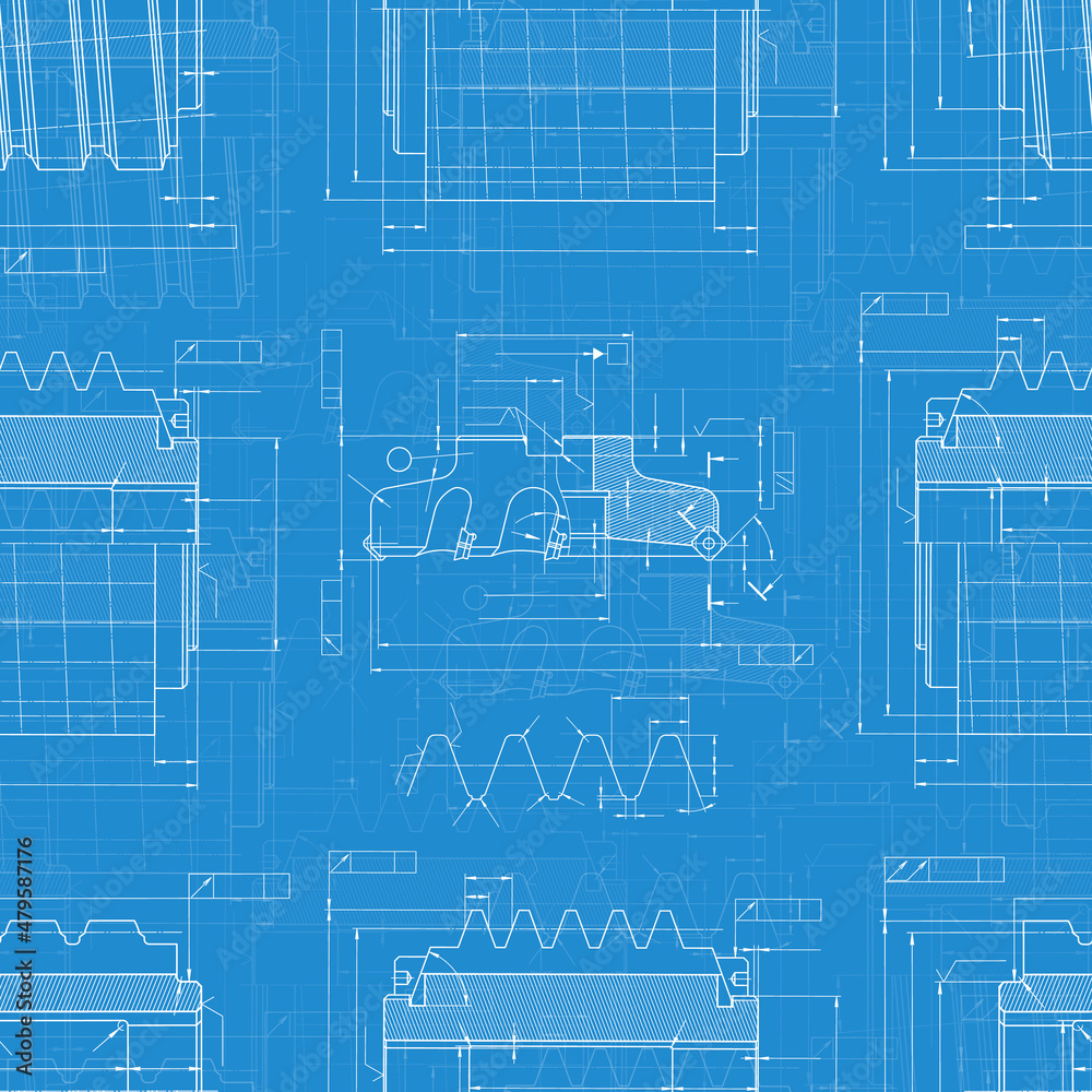 Mechanical engineering drawings on blue background. Cutting tools, milling cutter. Technical Design. Cover. Blueprint. Seamless pattern. Vector illustration. Mechanical engineering drawings on blue background. Cutting tools, milling cutter. Technical Design. Cover. Blueprint. Seamless pattern. Vector illustration.