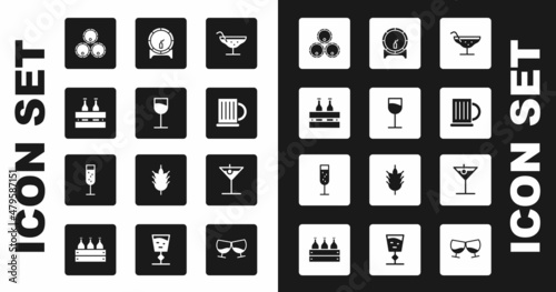 Set Cocktail, Wine glass, Pack of beer bottles, Wooden barrels, mug, on rack, Martini and Glass champagne icon. Vector