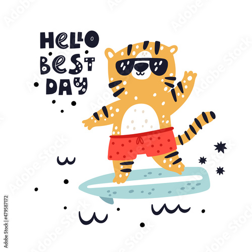 Cute tiger on a surfboard in ocean. Travel animal card with hand drawn quote. Cartoon tiger cub. Hello summer illustration. Sportive animal, water entertainment