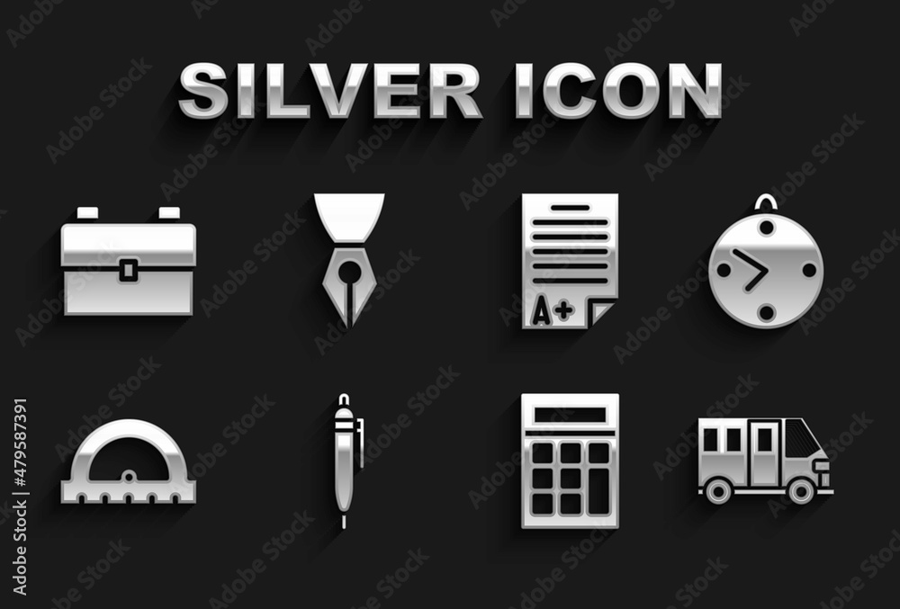 Set Pen, Clock, School Bus, Calculator, Protractor, Exam sheet with A plus grade, backpack and Fountain pen nib icon. Vector Set Pen, Clock, School Bus, Calculator, Protractor, Exam sheet with A plus grade, backpack and Fountain pen nib icon. Vector