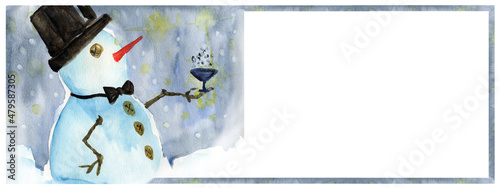 Pupazzo di neve elegante che brinda con calice, banner dipinto a mano ad acquerello