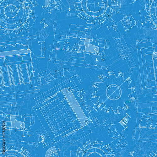 Mechanical engineering drawings on blue background. Cutting tools, milling cutter. Technical Design. Cover. Blueprint. Seamless pattern. Vector illustration.