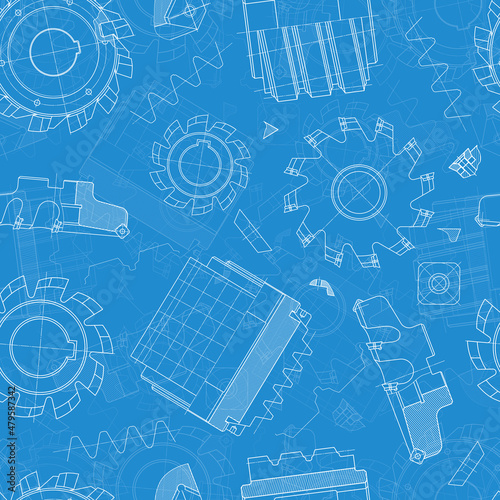 Mechanical engineering drawings on blue background. Cutting tools, milling cutter. Technical Design. Cover. Blueprint. Seamless pattern. Vector illustration.