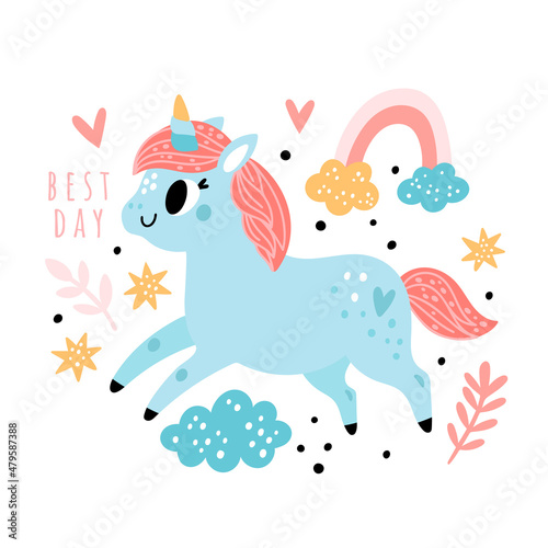 Baby unicorn card with rainbow, hearts, cloud and stars. Lovely little pony illustration and positive thinking phrase. Cartoon character for kids prints, poster or clothing