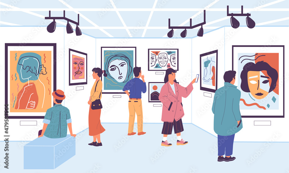 Fototapeta premium Art gallery. Cartoon people at museum exhibition looking at paintings and artworks, tourists on festival. Vector contemporary exposition visitors