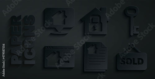 Set House contract, key, Online real estate house, Hanging sign with text Sold, under protection and Location icon. Vector